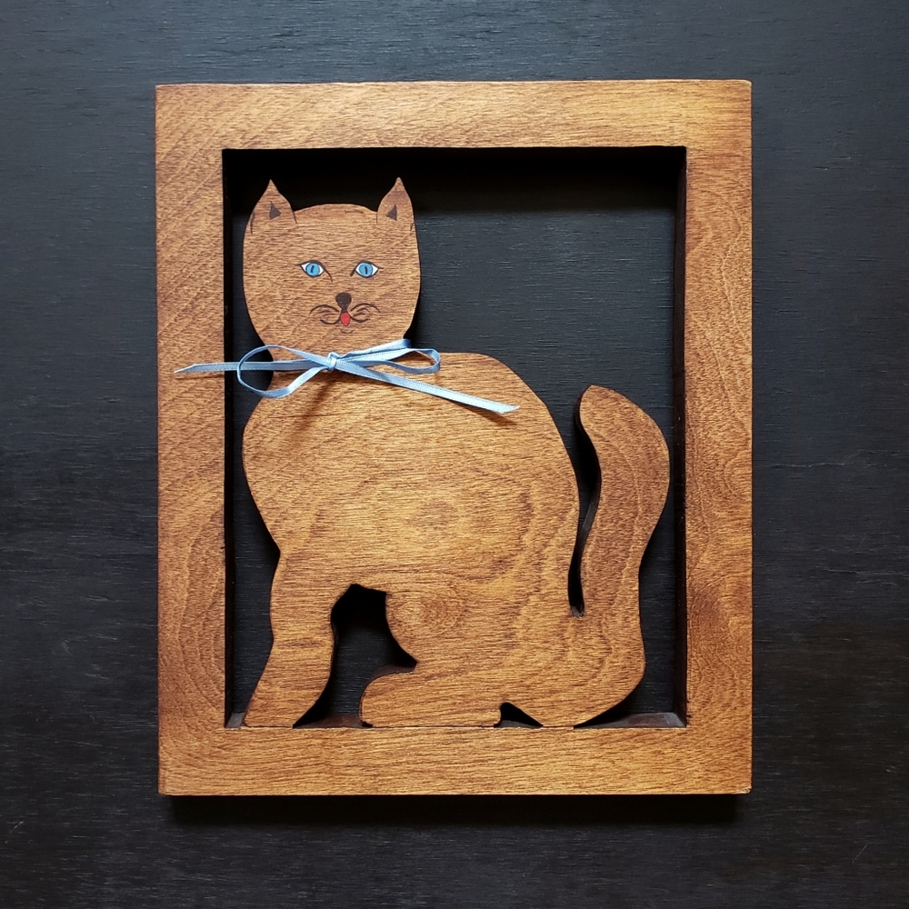 Vintage Signed Handmade Wooden Cat Folk Art Wall Hanging